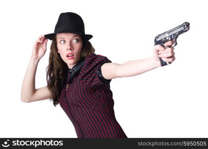 Woman gangster with handgun on white