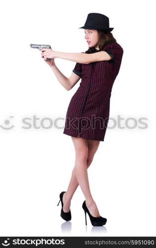 Woman gangster with handgun on white