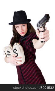 Woman gangster with handgun on white