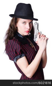 Woman gangster with handgun on white