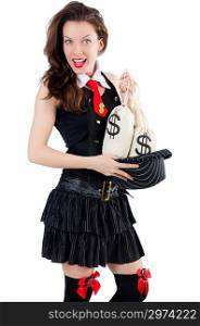 Woman gangster with money sacks on white