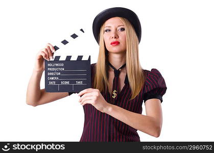 Woman gangster with movie board on white