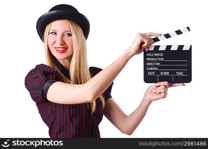 Woman gangster with movie board on white