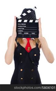 Woman gangster with movie board on white