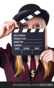 Woman gangster with movie board on white