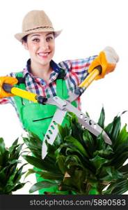 Woman gardener with shears on white
