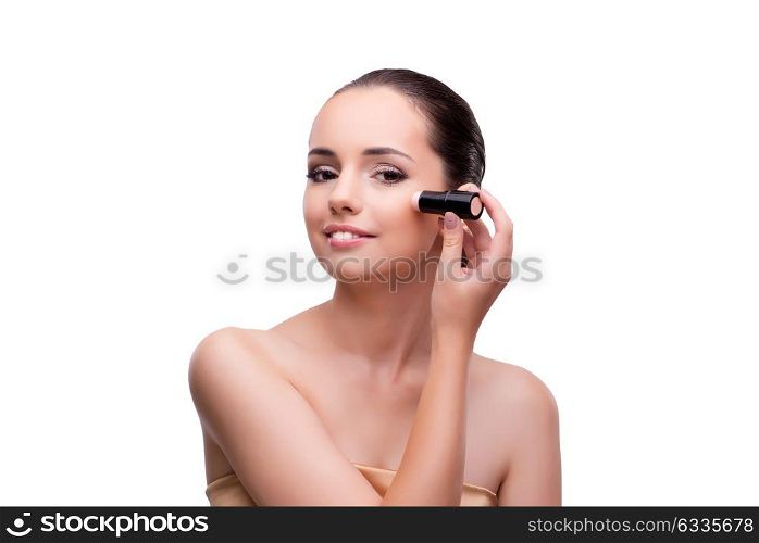 Woman getting make-up isolated on white