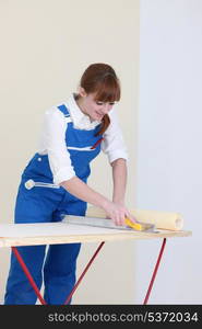 Woman getting ready to hang wall paper