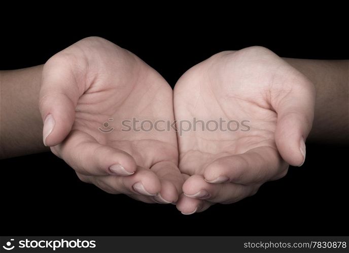Woman giving hands isolated on black background