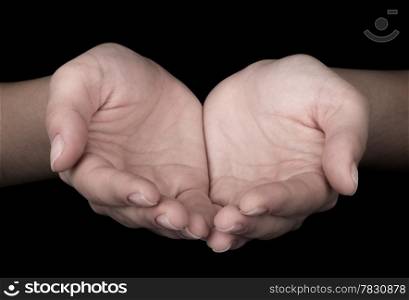 Woman giving hands isolated on black background