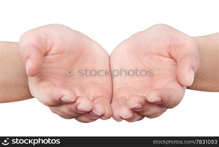 Woman giving hands isolated on white background