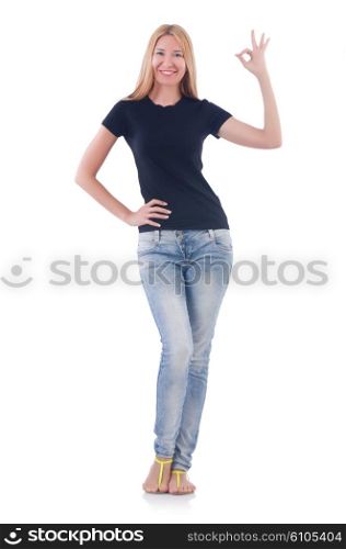 Woman giving thumbs up isolated on white