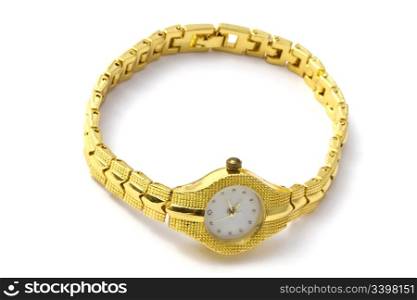Woman golden wrist watch isolated on white background