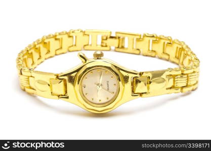 Woman golden wrist watch isolated on white background