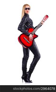Woman guitar player in leather costume