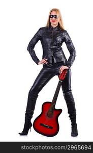 Woman guitar player in leather costume