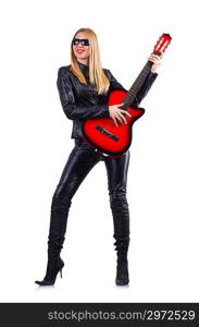 Woman guitar player in leather costume