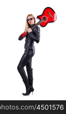 Woman guitar player in leather costume