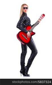 Woman guitar player in leather costume