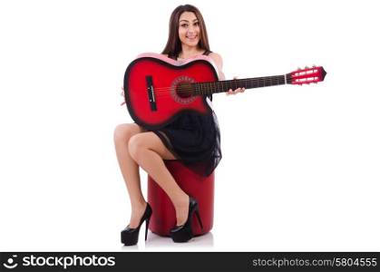 Woman guitar player isolated on the white