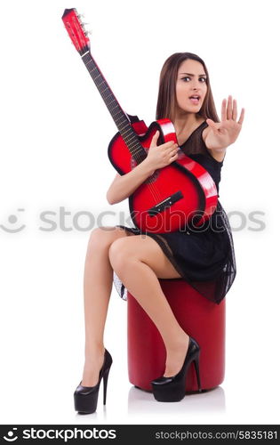 Woman guitar player isolated on the white