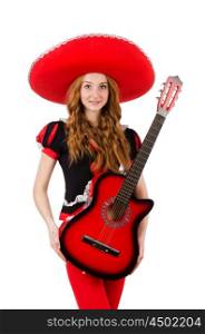 Woman guitar player with sombrero on white