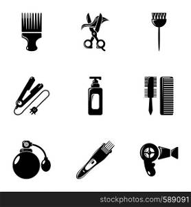 Woman hairdresser tools icons set. Simple set of 9 woman hairdresser tools vector icons for web isolated on white background. Woman hairdresser tools icons set, simple style