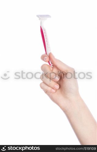 Woman hand hold razor on white background beauty and healthcare concept