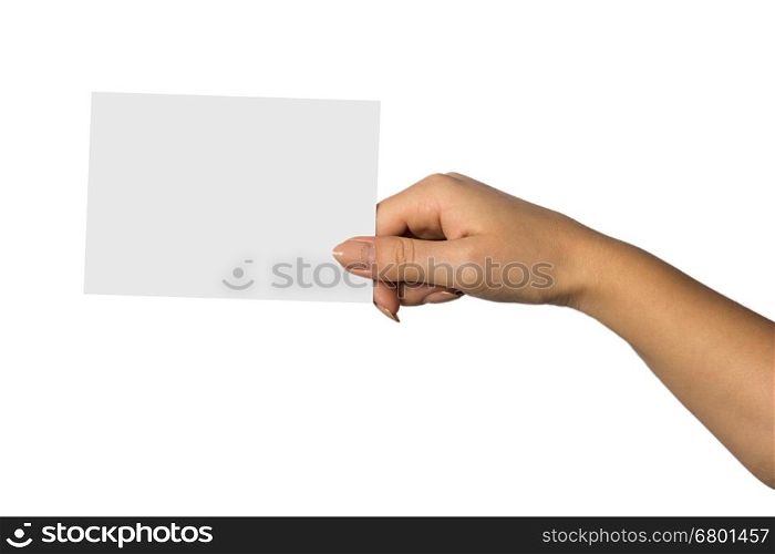 Woman hand hold virtual business card, credit card or blank paper isolated on white background