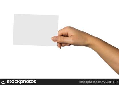 Woman hand hold virtual business card, credit card or blank paper isolated on white background