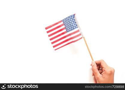 Woman hand holding American flag on white background. Independence Day. 4th of July concept