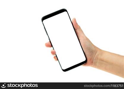 Woman hand holding black mobile phone with white screen at the background, smartphone blank screen