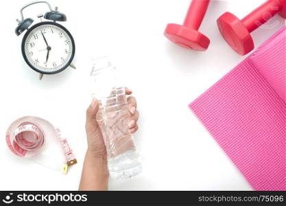 Woman hand holding bottle of water, Healthy and diet concept isolated on white background