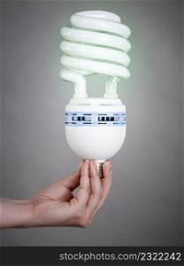 Woman hand holding eco modern light bulb. Innovation technology, power saving concept.. Woman holding eco modern light bulb