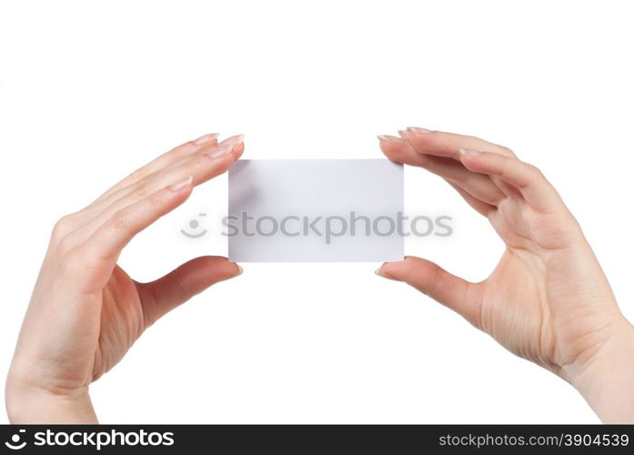 Woman hand holding empty visiting card isolated on white