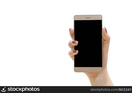 Woman hand holding smart-phone isolated on white background. with clipping path