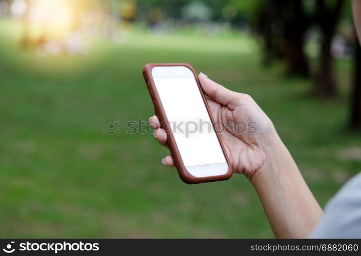 Woman hand holding smartphone on green background