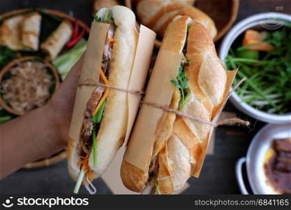 Woman hand make banh mi thit or Vietnamese bread, famous street food from raw material: pork, ham, pate, egg and fresh herbs as scallions, coriander, carrot, cucumber, chilli.