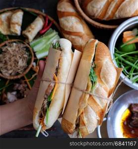 Woman hand make banh mi thit or Vietnamese bread, famous street food from raw material: pork, ham, pate, egg and fresh herbs as scallions, coriander, carrot, cucumber, chilli.