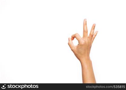 woman hand ok sign on white background