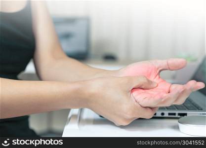 woman hand pain long use mouse working. office syndrome healthca. woman hand pain long use mouse working. office syndrome healthcare and medicine concept
