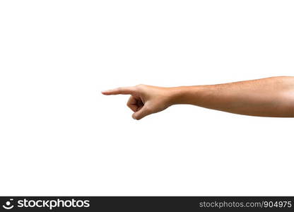 Woman hand pointing something action, isolated on white background, with clipping path.