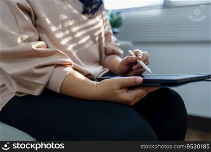 Woman hand presses on screen digital tablet Online Digital marketing  technology concept