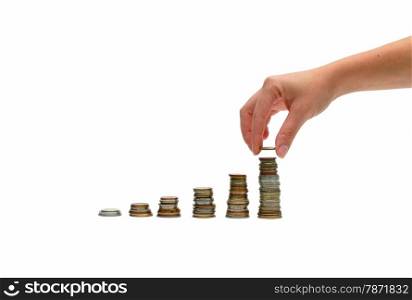 woman hand putting money coins to stack over white