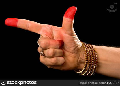 Woman hand showing Chandrakala hasta (meaning &acute;Digit of the Moon&acute;) of indian classic dance Bharata Natyam