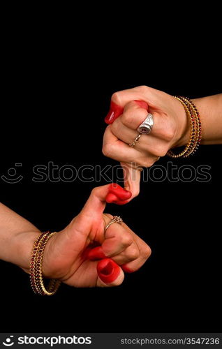 Woman hand showing Kilaka hasta of indian classic dance Bharata Natyam