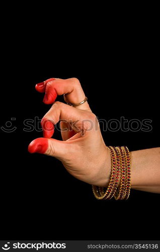 Woman hand showing Palli hasta (meaning &acute;Lizard&acute;) of indian classic dance Bharata Natyam