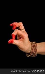 Woman hand showing Palli hasta (meaning &acute;Lizard&acute;) of indian classic dance Bharata Natyam