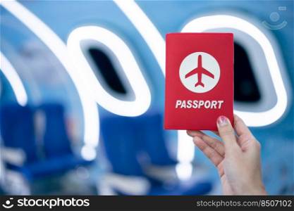 Woman hand showing passport inside airplane.
