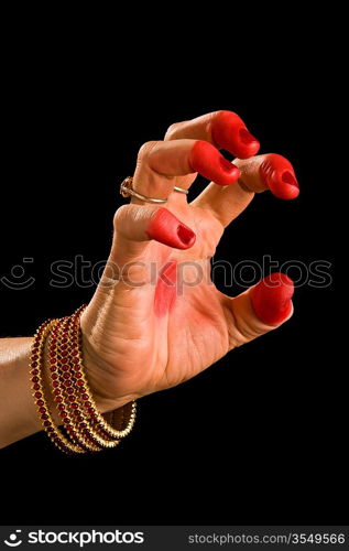 Woman hand showing Vyagra hasta of indian classic dance Bharata Natyam